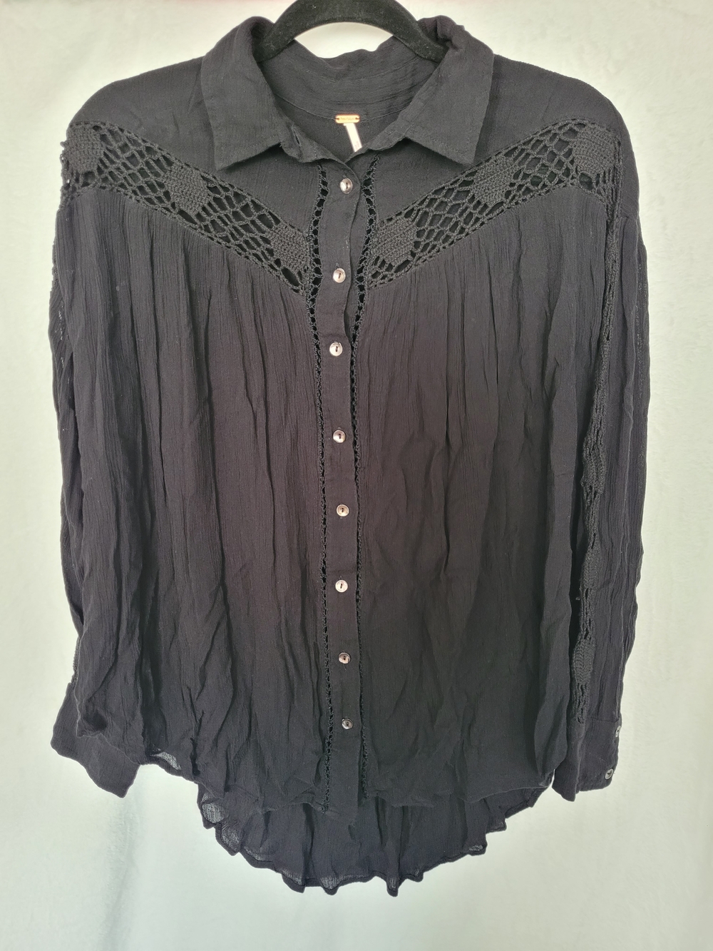 Free People Black Crochet Yoke Crinkle Gauze Button Front Blouse S
